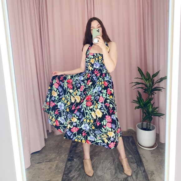 Vintage 80s 90s Floral Halter Midi Dress 6 - Picture 7 of 16